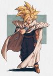  1boy absurdres blonde_hair blue_background blue_eyes border brown_footwear cape closed_mouth dougi dragon_ball dragon_ball_z full_body highres japanese_clothes pants purple_pants purple_vest red_sash relio_db318 sash serious short_hair simple_background solo son_gohan spiked_hair standing super_saiyan super_saiyan_1 vest white_border white_cape wristband 