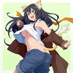  1girl :d animal_ear_fluff animal_ears ass black_hair blue_shorts border breasts brown_coat cat_ears coat curled_fingers eyebrows_visible_through_hair forehead from_behind green_eyes hair_between_eyes highres legs_apart long_hair maruto! off_shoulder open_mouth original scarf scarf_removed shirt shorts sleeveless sleeves_past_wrists smile sollyz_(sollyz) solo tail teeth two-tone_background underboob upper_teeth white_border white_shirt 