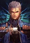 1boy black_gloves blue_eyes closed_mouth devil_may_cry_(series) fingerless_gloves glint gloves grey_hair hands_up holding holding_sword holding_weapon hungry_clicker looking_at_viewer male_focus scabbard sheath short_hair solo sword unsheathing vergil_(devil_may_cry) weapon 
