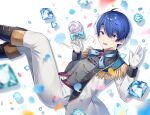  1boy :d bangs black_footwear black_shirt blue_bow blue_gemstone blue_hair blurry blurry_foreground blush boots bow candy commentary_request depth_of_field eyebrows_visible_through_hair feet_out_of_frame food gem gloves grey_eyes grey_vest gyozanuko hair_between_eyes hands_up harusaki_air holding holding_candy holding_food holding_lollipop jacket lollipop long_sleeves male_focus nijisanji open_clothes open_jacket pants petals shirt smile solo swirl_lollipop vest virtual_youtuber white_background white_gloves white_jacket white_pants 