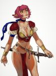  1girl armor belt blue_choker bracer breasts brown_belt choker cleavage copyright_request green_eyes highres holding holding_sword holding_weapon medium_breasts mossacannibalis navel parted_lips pauldrons pelvic_curtain pink_hair pointy_ears ribbon_choker short_hair shoulder_armor simple_background solo standing sword weapon white_background 