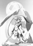  anthro biped bone dipstick_tail front_view greyscale half-closed_eyes hi_res holding_object holding_sword holding_weapon long_tail looking_at_viewer male markings melee_weapon monochrome narrowed_eyes navel oselotti rock shoulder_pads signature skull solo standing sword tail_markings weapon 