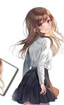  1girl black_skirt blush brown_eyes brown_hair cellphone collared_shirt commentary_request from_behind grin long_hair looking_at_viewer looking_back midorikawa_you original phone pleated_skirt shirt simple_background skirt smile solo white_background white_shirt 