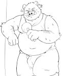  2022 anthro belly big_belly bodily_fluids bottomwear clothing hi_res humanoid_hands kemono male mammal overweight overweight_male shirt shorts sketch solo suid suina sus_(pig) sweat topwear whitebeast20 wild_boar 