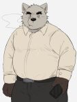  2022 anthro belly big_belly bottomwear canid canine canis cellphone clothing domestic_dog hi_res humanoid_hands kemono male mammal overweight overweight_male pants phone shirt simple_background smartphone solo topwear whitebeast20 