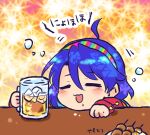  ahoge alcohol beer_mug blue_hair blush chibi closed_eyes commentary_request cup dango drunk food long_sleeves mug multicolored_hairband open_mouth pote_(ptkan) short_hair solo table tenkyuu_chimata touhou translation_request wagashi 