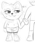  :3 anthro blush bodily_fluids bottomwear bottomwear_down children_of_the_street clothed clothing domestic_cat fangs felid feline felis female flash_kat25 genitals hi_res human male mammal pants pants_down partially_clothed pussy shorts sweat unknown_artist 