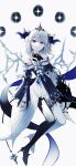  1girl bangs black_legwear blue_eyes dress elsword frilled_dress frills hair_ornament high_heels highres lium long_hair long_sleeves looking_at_viewer medium_hair pantyhose solo white_hair white_legwear wings 