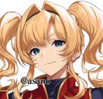  1girl black_hairband blonde_hair blue_eyes braid granblue_fantasy grin hairband highres looking_at_viewer parted_lips portrait simple_background smile solo twintails ulrich_(tagaragakuin) white_background zeta_(granblue_fantasy) 