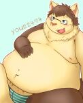  2022 anthro bear_2key belly big_belly blue_eyes blush brown_body brown_fur canid canine clothing eyewear fur glasses hi_res humanoid_hands kemono male mammal moobs nipples obese obese_male overweight overweight_male simple_background solo underwear 