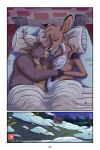  2021 angart_(artist) anthro antlers bed bed_sheet bedding belly big_belly black_nose brown_body brown_fur buck_(angart) cervid cervine comic cottage duo embrace eyes_closed female fingers fur furniture hand_on_own_stomach hand_on_shoulder hand_on_stomach hand_on_wrist hi_res hooved_fingers hooves horn husband_and_wife intimate lying lying_on_bed male male/female mammal married_couple meadow_(angart) multicolored_body multicolored_fur nude on_bed on_side pregnant pregnant_female sleeping smile snow text two_tone_body two_tone_fur url white_body white_fur 