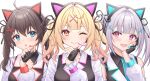  :d ;) absurdres ahoge alternate_costume animal_ears aqua_necktie asumi_sena bare_shoulders black_gloves black_hairband black_shirt black_vest blonde_hair blue_eyes blush breasts brown_hair cat_ears cattleya_regina_games closed_mouth cross_hair_ornament detached_sleeves drill_hair fake_animal_ears fang finger_to_cheek fingerless_gloves fingernails gloves grey_hair hair_ornament hair_ribbon hairband hairclip head_rest headset highres hololive hoshikawa_sara long_hair long_sleeves looking_at_viewer medium_breasts medium_hair multicolored_hair nail_polish natsuiro_matsuri necktie nijisanji one_eye_closed open_mouth pink_eyes pink_hair ribbon shirt skin_fang sleeveless sleeveless_shirt smile streaked_hair triangle_mouth twin_drills twintails upper_body vest virtual_youtuber vspo! white_shirt x_hair_ornament yue_zi 