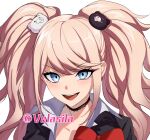  1girl :d black_choker black_jacket blonde_hair blue_eyes blush bow choker danganronpa:_trigger_happy_havoc danganronpa_(series) enoshima_junko eyebrows_visible_through_hair hair_ornament highres jacket looking_at_viewer open_mouth red_bow simple_background smile solo twintails ulrich_(tagaragakuin) white_background 