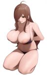  1girl ahoge areola_slip areolae arms_behind_back bikini black_bikini breasts brown_hair commentary_request eyebrows_visible_through_hair full_body hair_over_one_eye highres huge_breasts kono_subarashii_sekai_ni_shukufuku_wo! large_areolae long_hair parted_lips seiza senju_(snz0) simple_background sitting solo strap_gap swimsuit thighs undersized_clothes very_long_hair white_background wiz_(konosuba) yellow_eyes 