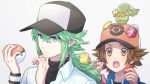  2boys bangs baseball_cap black_headwear black_undershirt blue_eyes blue_jacket brown_eyes brown_hair closed_mouth collared_shirt comfey commentary_request flower frown green_hair hair_between_eyes hands_up hat highres hilbert_(pokemon) holding holding_flower holding_poke_ball jacket long_hair male_focus multiple_boys n_(pokemon) nagiru on_head open_mouth poke_ball poke_ball_(basic) poke_ball_print pokemon pokemon_(creature) pokemon_(game) pokemon_bw pokemon_on_head shirt short_hair teeth tongue upper_body upper_teeth white_shirt 