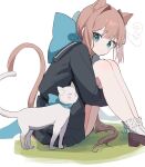  1girl :o ahute animal_ears ankle_socks antenna_hair bangs blue_eyes blush bow brown_hair cat cat_ears cat_girl cat_tail hair_bow hair_intakes heart heart_tail_duo highres hugging_own_legs knees_up large_bow long_hair looking_at_animal looking_to_the_side on_grass original parted_lips pleated_skirt ponytail school_uniform serafuku sitting skirt socks solo tail very_long_hair white_cat 