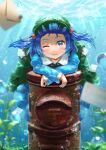  1girl absurdres air_bubble blue_eyes blue_hair blurry blush bubble depth_of_field grin hair_bobbles hair_ornament hat highres kawashiro_nitori light_rays long_sleeves looking_at_viewer luke_(kyeftss) one_eye_closed rust short_hair skirt smile solo teeth touhou two_side_up underwater water water_drop 