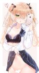  1girl absurdres black_bra blonde_hair blush bra breasts cellphone censored cleavage clothes_lift collarbone collared_shirt eyepatch fischl_(genshin_impact) genshin_impact green_eyes groin hair_ribbon heart heart_censor highres holding holding_phone iphone long_sleeves looking_at_viewer navel no_panties open_clothes open_mouth phone plaid plaid_skirt ribbon school_uniform selfie shirt skirt skirt_lift small_breasts smartphone solo tsuyuri_eri twintails underwear 