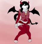  anthro black_hair black_tail black_wings blue_eyes clothing demon dibillboard didelphid fur girly grey_body grey_fur hair hi_res horn male mammal marsupial pink_nose pink_paws red_clothing red_horn simple_background sketch solo virginia_opossum wings 