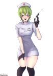  1girl absurdres blue_eyes english_commentary foo_fighters gloves green_hair highres jojo_no_kimyou_na_bouken kerbylmaolmao looking_at_viewer open_mouth short_hair simple_background smile solo white_background 
