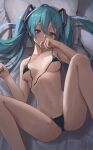  1girl absurdres bangs bare_shoulders bed_sheet bikini blue_eyes blue_hair blue_nails blush breasts covering_mouth eyebrows_visible_through_hair feet_out_of_frame from_above front-tie_bikini front-tie_top hatsune_miku highres leg_up long_hair looking_at_viewer lying medium_breasts micro_bikini nail_polish navel o-ring o-ring_bottom on_back on_bed pillow signature solo sooon spread_legs stomach sweat swimsuit twintails underboob untied untied_bikini vocaloid 