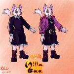  anthro boots clothing domestic_cat dress dynamitegrizzly_(artist) felid feline felis female footwear fur goth hi_res jacket leather leather_clothing leather_jacket leather_topwear mammal model_sheet nilla_bee_(dynamitegrizzly) red_eyes solo text topwear white_body white_fur 