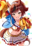  1girl alternate_costume animal_ears arm_up blush breasts brown_eyes cheerleader collarbone commentary_request highres horse_ears horse_tail looking_at_viewer medium_breasts midriff navel nice_nature_(run&amp;win)_(umamusume) nice_nature_(umamusume) pom_pom_(cheerleading) red_hair shio_(cl2ga) simple_background solo tail umamusume white_background 
