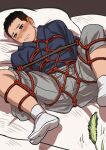  1boy bdsm blue_kimono blush bondage bound bulge buzz_cut cat_teaser character_request full_body golden_kamuy grey_pants hakama hakama_pants highres japanese_clothes kimono lying male_focus motion_lines nose_blush on_back on_bed pants pillow pov red_rope reman_kamuy restrained rope short_hair sideburns socks solo spread_legs sweatdrop tickling very_short_hair 