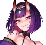  1girl bob_cut fang fang_out fate/grand_order fate_(series) headpiece highres horns inverted_bob looking_at_viewer purple_eyes purple_hair shuten_douji_(fate) simple_background smile solo ulrich_(tagaragakuin) white_background 