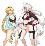  2girls ahoge bangs bikini black_bikini black_hairband blonde_hair blue_eyes braid breasts choker cleavage collarbone commentary commission english_commentary erection eyebrows_visible_through_hair fate_(series) futa_with_futa futanari gloves grey_hair hair_between_eyes hairband hand_on_hip highres innertube jacket jeanne_d&#039;arc_(fate) jeanne_d&#039;arc_(ruler)_(fate) jeanne_d&#039;arc_(swimsuit_archer)_(fate) jeanne_d&#039;arc_alter_(fate) jeanne_d&#039;arc_alter_(swimsuit_berserker)_(fate) large_breasts large_penis long_hair multiple_girls multiple_penises navel o-ring o-ring_bikini parted_lips penis penises_touching ponytail shrug_(clothing) simple_background single_braid smile swimsuit testicles todding uncensored very_long_hair white_background yellow_eyes 