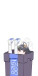  1girl absurdres bangs black_gloves black_hair blue_archive blunt_bangs bright_pupils gloves halo highres klaius miyu_(blue_archive) pantyhose red_eyes shoes simple_background stuck trash_can white_background white_footwear white_legwear white_pupils 