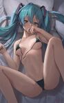  1girl absurdres bangs bare_shoulders bed_sheet bikini blue_eyes blue_hair blue_nails blush breasts commentary_request covering_mouth eyebrows_visible_through_hair feet_out_of_frame from_above front-tie_bikini front-tie_top hatsune_miku highres leg_up long_hair looking_at_viewer lying medium_breasts micro_bikini nail_polish navel o-ring o-ring_bottom on_back on_bed pillow signature solo sooon spread_legs stomach sweat swimsuit twintails underboob untied untied_bikini vocaloid 