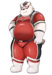  2022 anthro belly big_belly black_nose bulge clothing gumpang0 hi_res humanoid_hands kemono male mammal overweight overweight_male simple_background skinsuit solo tight_clothing ursid visor 