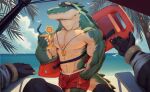  abs anthro anubian_jackal beach beach_chair bicep_curl biceps big_muscles black_body canid canine canis claws clothed clothing container crocodile crocodilian crocodylid cup detailed_background duo front_view green_body green_scales hi_res humanoid jackal league_of_legends looking_at_another looking_back male mammal multicolored_body muscular muscular_male nails nasus_(lol) partially_clothed pecs renekton reptile riot_games ruinfish scales scalie seaside serratus sitting swimming_trunks swimwear teeth triceps two_tone_body vein veiny_muscles video_games yellow_eyes 