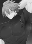  1boy armpits bara blush covered_abs covered_nipples greyscale large_pectorals looking_to_the_side male_focus master_utsushi monochrome monster_hunter_(series) monster_hunter_rise mumumu_(ahomoidasuyo) muscular muscular_male pectorals presenting_armpit shirt short_hair sideburns solo taut_clothes taut_shirt thick_eyebrows translation_request upper_body 