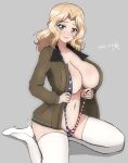  1girl american_flag american_flag_print blonde_hair blue_eyes breasts brown_jacket bukkuri commentary_request dated flag_print girls_und_panzer grey_background hair_intakes high_heels highres jacket kay_(girls_und_panzer) kneeling large_breasts long_hair looking_at_viewer navel open_mouth saunders_military_uniform signature simple_background sitting slingshot_swimsuit solo stomach swimsuit thighhighs white_footwear white_legwear 