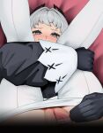  1girl arknights bar_censor bed_sheet black_gloves blush censored clothes_pull ett folded gloves grey_eyes grey_hair head_wings highres hugging_own_legs irene_(arknights) legs_up long_hair long_sleeves looking_at_viewer lying on_back on_bed pantyhose pantyhose_pull puffy_long_sleeves puffy_sleeves pussy solo spread_pussy white_legwear 