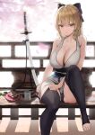  $hu 1girl absurdres bare_shoulders black_legwear breasts brown_hair cleavage crotch_seam fate/grand_order fate_(series) feet highres katana large_breasts looking_at_viewer okita_souji okita_souji_(fate) sitting solo sword thighhighs thighhighs_pull thighs toeless_legwear toes weapon yellow_eyes 