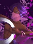  1boy absurdres arabian_clothes artist_request bracelet colored_eyelashes cookie_run dark-skinned_male dark_skin flower hair_flower hair_ornament highres humanization jewelry lilac_cookie looking_at_viewer personification petals purple_background purple_eyes purple_hair short_hair solo topless topless_male 
