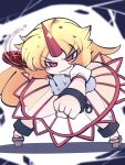  1girl alcohol blonde_hair clenched_hand cup eyebrows_visible_through_hair fried_rice0614 full_body geta highres holding holding_cup horns hoshiguma_yuugi long_hair one-hour_drawing_challenge puffy_short_sleeves puffy_sleeves red_eyes red_horns sakazuki sake shirt short_sleeves single_horn skirt smug solo touhou white_shirt white_skirt 