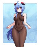  1girl absurdres ahoge ass_visible_through_thighs bangs bare_arms black_legwear black_leotard blue_hair blush bodystocking bodysuit breasts covered_navel eyebrows_visible_through_hair ganyu_(genshin_impact) genshin_impact groin highres horns kkumboo legs_together leotard leotard_under_clothes long_hair looking_at_viewer medium_breasts nail_polish no_gloves pantyhose purple_eyes sidelocks sleeveless solo standing thigh_gap thighs yellow_eyes 