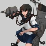  1girl adapted_turret anchor black_hair black_legwear blue_skirt braid closed_mouth commentary_request grey_background grey_eyes hair_ribbon highres kantai_collection kuragare loafers long_hair machinery microphone pleated_skirt red_ribbon ribbon rigging school_uniform serafuku shoes short_sleeves skirt smokestack torpedo_launcher tress_ribbon twin_braids uranami_(kancolle) 