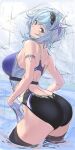  1girl absurdres ass blue_hair breasts brown_eyes brown_legwear closed_mouth eula_(genshin_impact) from_behind genshin_impact gloves hair_ornament highres large_breasts looking_at_viewer looking_back medium_hair one-piece_swimsuit sketch solo swimsuit thighhighs ulrich_(tagaragakuin) wading 
