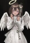  1girl :o absurdres angel angel_wings black_background blush dress feathered_wings flower frilled_dress frills hair_flower hair_ornament halo hands_up highres long_sleeves looking_at_viewer nadegata original puffy_long_sleeves puffy_sleeves purple_eyes simple_background solo white_dress white_wings wings 