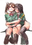  2girls asymmetrical_legwear black_hair bow bowtie brown_hair chikuma_(kancolle) chikuma_kai_ni_(kancolle) commentary_request hair_between_eyes hair_ribbon hug hug_from_behind kantai_collection long_hair military military_uniform multiple_girls n-mori pelvic_curtain red_bow red_bowtie ribbon side_slit simple_background sitting tone_(kancolle) tone_kai_ni_(kancolle) twintails uneven_legwear uniform white_background white_ribbon 