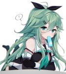  ! 1girl absurdres aqua_eyes aqua_hair black_gloves black_ribbon black_serafuku black_skirt blush braid elbow_gloves eyebrows_visible_through_hair fathom food gloves green_neckerchief hair_between_eyes hair_ribbon highres kantai_collection long_hair mouth_hold neckerchief pleated_skirt ponytail popsicle ribbon school_uniform serafuku simple_background skirt solo spoken_exclamation_mark twin_braids white_background yamakaze_(kancolle) yamakaze_kai_ni_(kancolle) 