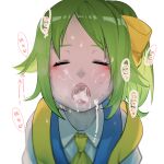  1girl ascot bangs blush bow closed_eyes collared_shirt commentary_request cookie_(touhou) cum cum_in_mouth daiyousei diyusi_(cookie) facial green_hair hair_bow high-visibility_vest highres jiyu_(jiyusi) medium_hair open_mouth ponytail saliva shirt simple_background solo tongue touhou upper_body white_background white_shirt yellow_ascot yellow_bow 