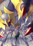  1boy blonde_hair bracelet capri_pants commentary_request energy from_above giratina giratina_(origin) green_pants hair_over_one_eye jewelry male_focus mitsukoshi_haruha necklace open_mouth pants pokemon pokemon_(creature) pokemon_(game) pokemon_legends:_arceus shirt short_sleeves smile spread_fingers standing twitter_username volo_(pokemon) watermark white_shirt 
