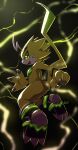  anthro bandai_namco black_claws butt campede_(pixiv) claws clothing digimon electricity footwear green_eyes hi_res horn looking_back male pulsemon shoes solo yellow_body 