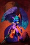  anthro big_wings biped black_eyebrows blue_body blue_eyes blue_fur blue_hair blue_wings bone eyebrows facial_piercing feathered_wings feathers front_view fur hair hi_res holding_object holding_sword holding_weapon long_tail male melee_weapon messy_hair multicolored_body multicolored_fur narrowed_eyes nose_piercing nose_ring oselotti piercing pink_body pink_fur purple_wings ring_piercing rock septum_piercing shoulder_pads signature skull smile smirk solo standing sword two_tone_wings weapon wings 